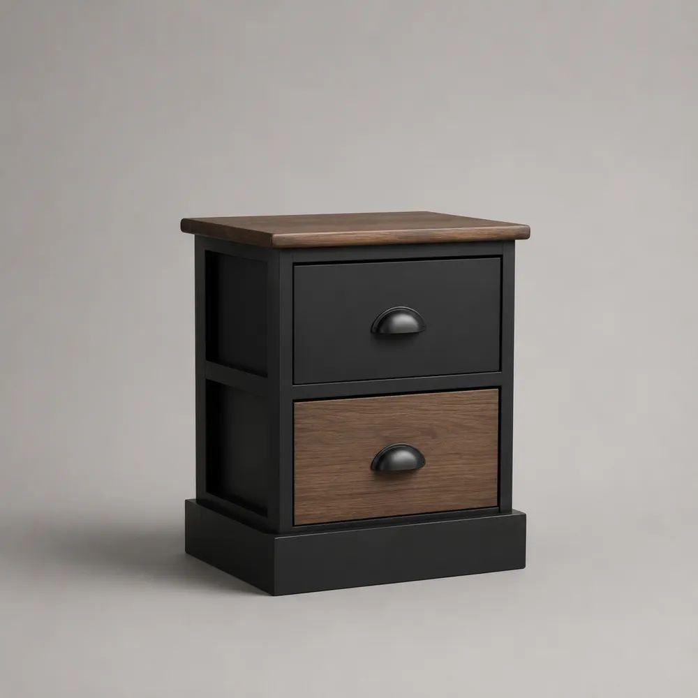 Comodino rettangolare in legno nero e marrone con 2 cassetti, 45 × 35 × 60 cm