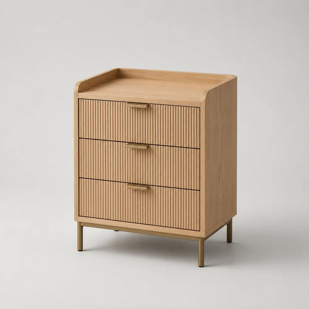 Cassettiera bassa rettangolare a 3 cassetti in legno e metallo, rovere naturale e ottone, 80 x 45 x 95 cm