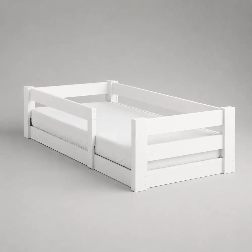 Letto Montessori singolo per bambini 90 x 190 cm in legno di pino massello bianco con sponde anticaduta