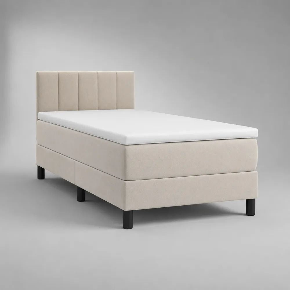 Letto singolo boxspring imbottito beige con materasso, sovramaterasso e testiera, superficie di riposo 90 x 200 cm, dimensioni 100 x 210 x 110 cm