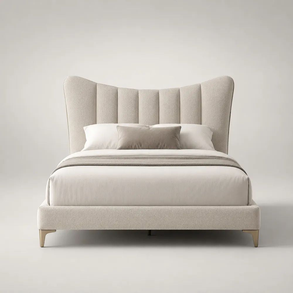 Letto matrimoniale imbottito 160 x 200 cm in bouclé di poliestere beige con testiera alata e rete a doghe, 190 x 220 x 140 cm