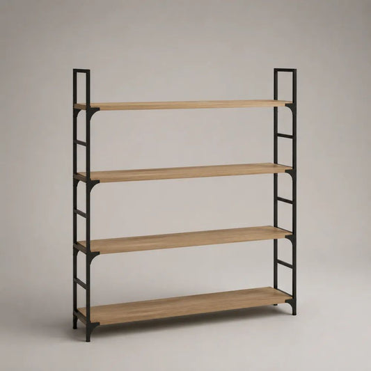 Scaffale da terra rettangolare a 4 ripiani in legno e metallo, rovere naturale e nero, 120 x 30 x 150 cm