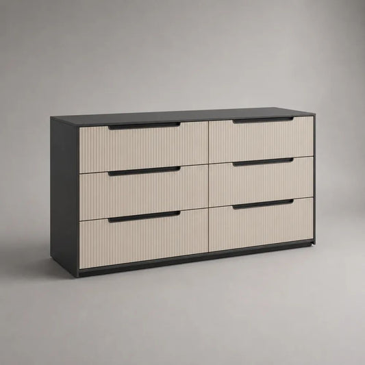Cassettiera bassa rettangolare in MDF e truciolare con 6 cassetti, beige e antracite, 120 x 40 x 76 cm