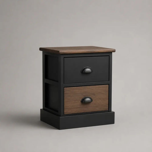 Comodino rettangolare in legno nero e marrone con 2 cassetti, 45 × 35 × 60 cm