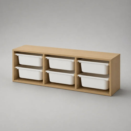 Scaffale basso rettangolare in legno con 6 contenitori estraibili in plastica, 99 x 44 x 56 cm, rovere naturale e bianco