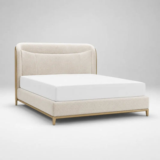Letto matrimoniale imbottito beige e oro in tessuto bouclé e metallo con rete 160 × 200 cm, 174 × 220 × 125 cm