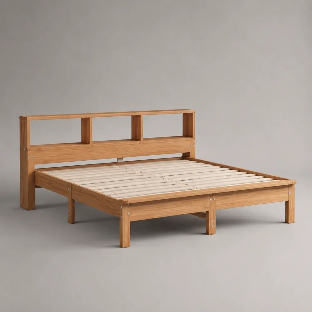 Letto matrimoniale 160 x 200 cm in legno massello di pino naturale con rete a doghe e testiera con vani portaoggetti