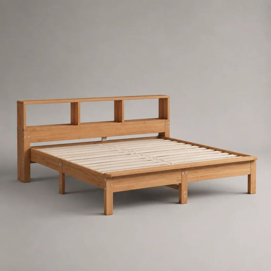 Letto matrimoniale 160 x 200 cm in legno massello di pino naturale con rete a doghe e testiera con vani portaoggetti