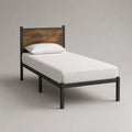 Struttura letto singolo 90 x 200 cm in acciaio nero con testiera in legno effetto rovere marrone, 207 x 96 x 105 cm