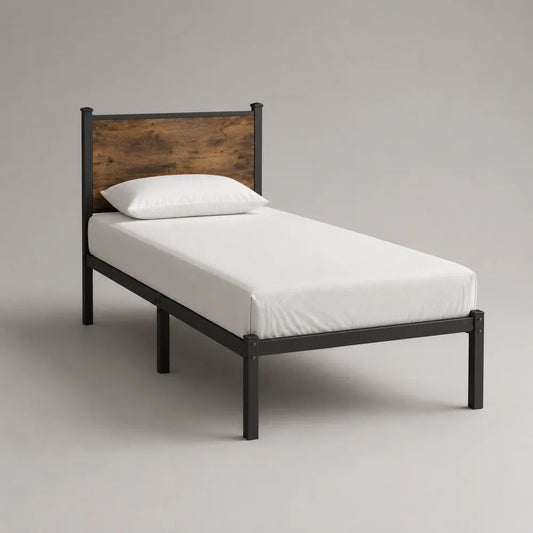 Struttura letto singolo 90 x 200 cm in acciaio nero con testiera in legno effetto rovere marrone, 207 x 96 x 105 cm