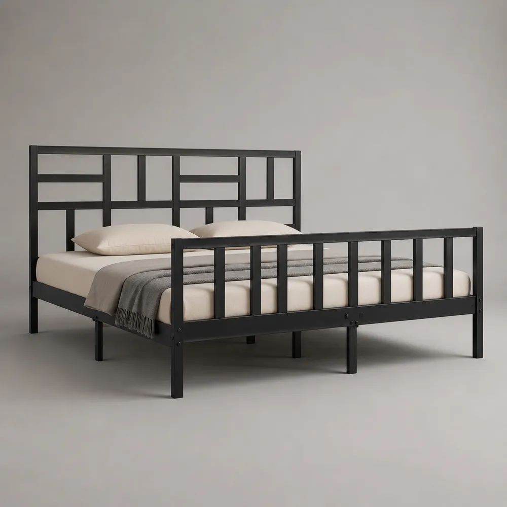 Struttura letto matrimoniale 160 x 200 cm in acciaio nero con rete integrata, testiera e pediera geometriche, 208 x 166 x 110 cm