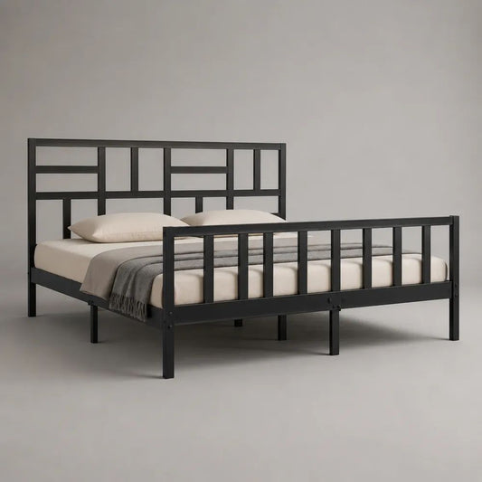 Struttura letto matrimoniale 160 x 200 cm in acciaio nero con rete integrata, testiera e pediera geometriche, 208 x 166 x 110 cm