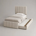 Letto singolo imbottito beige 105 x 215 x 130 cm con rete a doghe 90 x 200 cm e cassetto laterale
