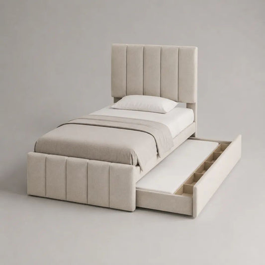 Letto singolo imbottito beige 105 x 215 x 130 cm con rete a doghe 90 x 200 cm e cassetto laterale