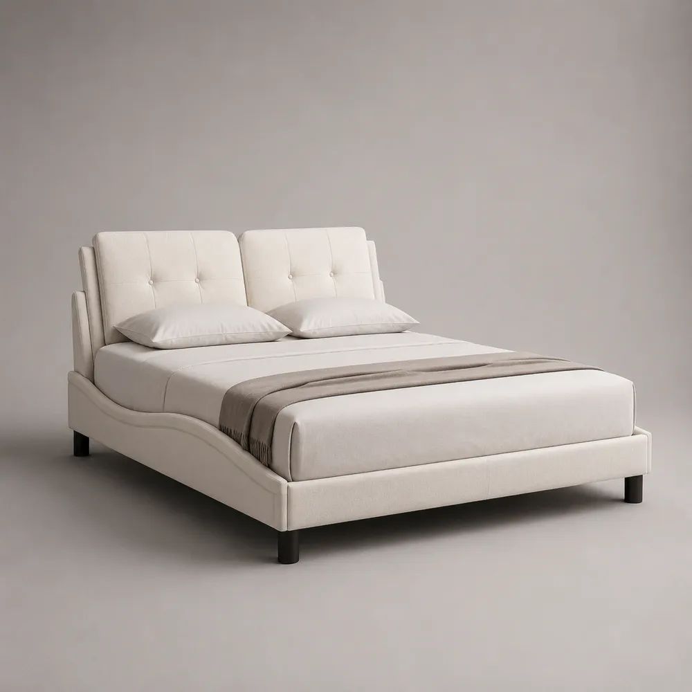 Letto matrimoniale imbottito 160 x 200 cm avorio e nero con testiera sdoppiata trapuntata e rete a doghe