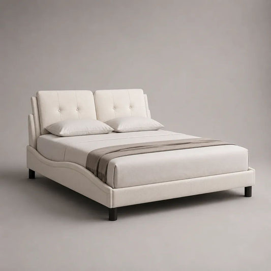 Letto matrimoniale imbottito 160 x 200 cm avorio e nero con testiera sdoppiata trapuntata e rete a doghe