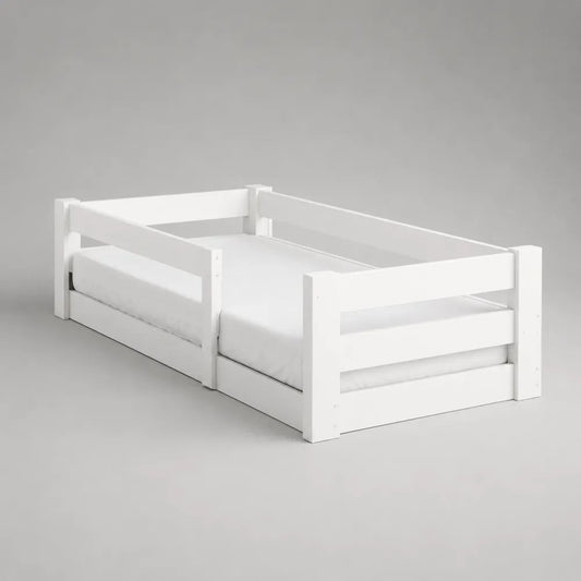 Letto Montessori singolo per bambini 90 x 190 cm in legno di pino massello bianco con sponde anticaduta