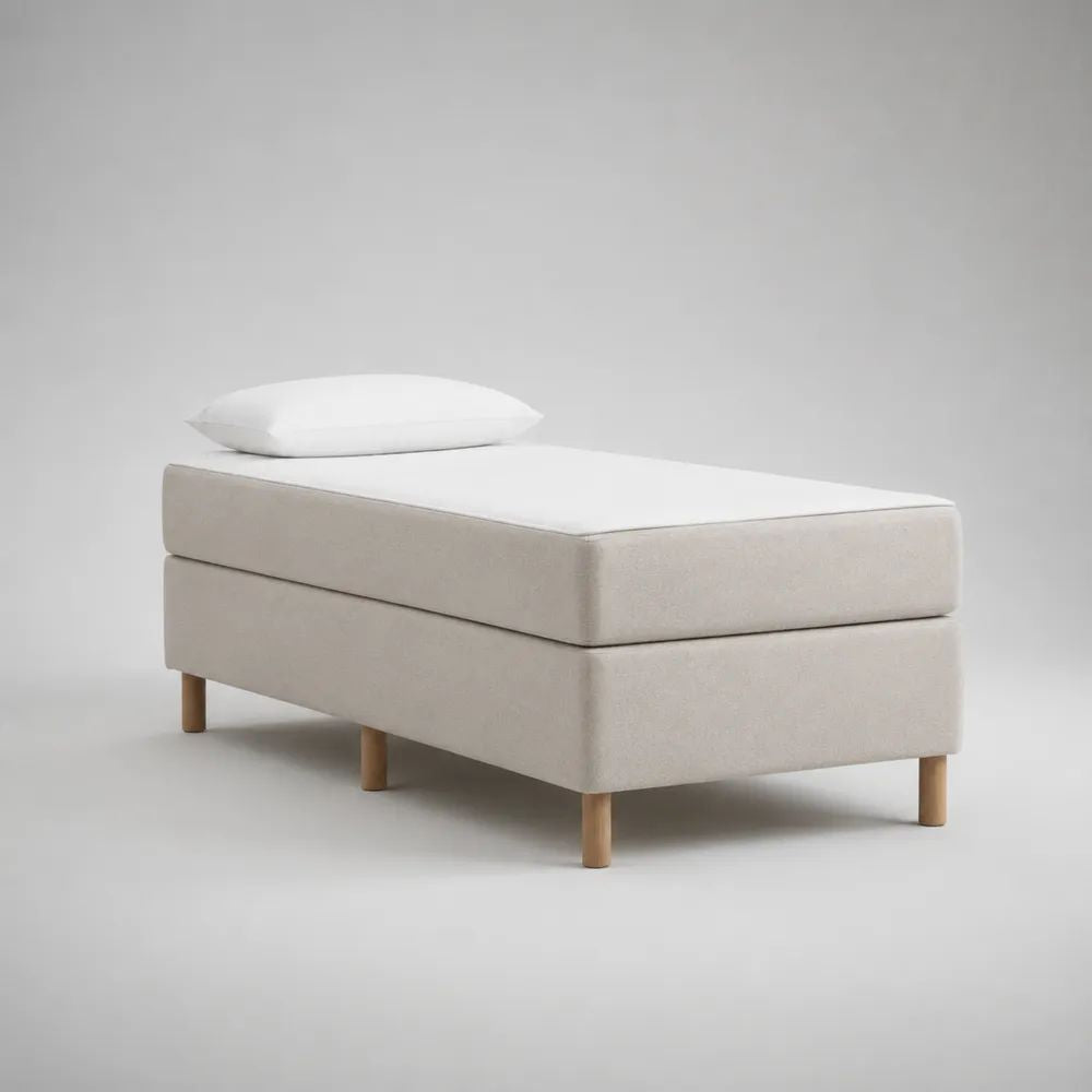 Set letto singolo imbottito beige e bianco con materasso in schiuma, cuscino e gambe in legno, 90 × 200 cm