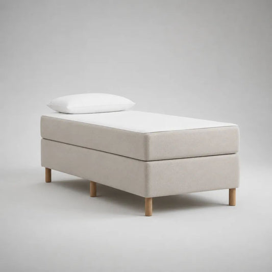 Set letto singolo imbottito beige e bianco con materasso in schiuma, cuscino e gambe in legno, 90 × 200 cm