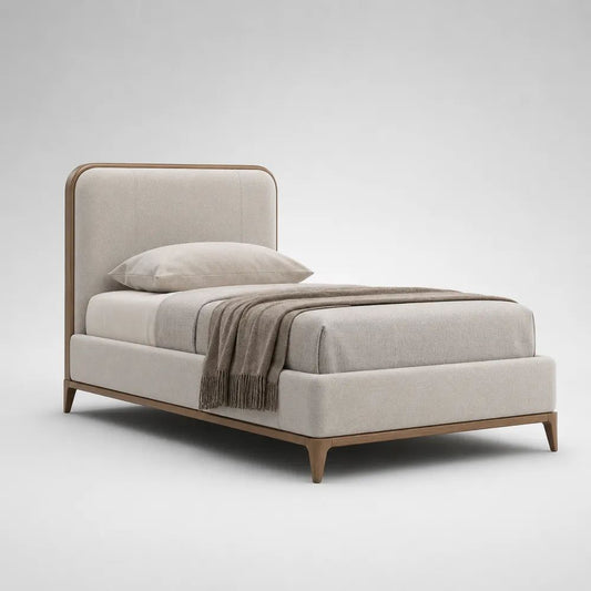 Letto singolo imbottito 90 x 200 cm in tessuto beige con struttura in legno marrone noce e rete a doghe, senza materasso