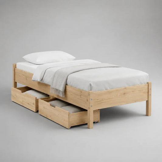 Letto singolo in legno con rete a doghe e 2 cassetti, pino naturale, 96 x 205 x 75 cm, materasso 90 x 200 cm