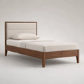 Letto singolo 90 x 200 cm in legno massello con testiera imbottita, marrone noce e beige