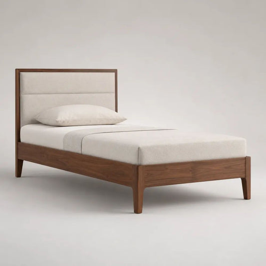 Letto singolo 90 x 200 cm in legno massello con testiera imbottita, marrone noce e beige