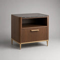 Comodino rettangolare in MDF impiallacciato noce con cassetto, vano aperto e piano in pietra sinterizzata, marrone noce, nero e oro, 55 x 40 x 58 cm