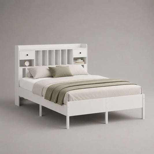 Letto matrimoniale 160 x 200 cm bianco con testiera libreria, 2 cassetti e rete a doghe, in truciolare e MDF