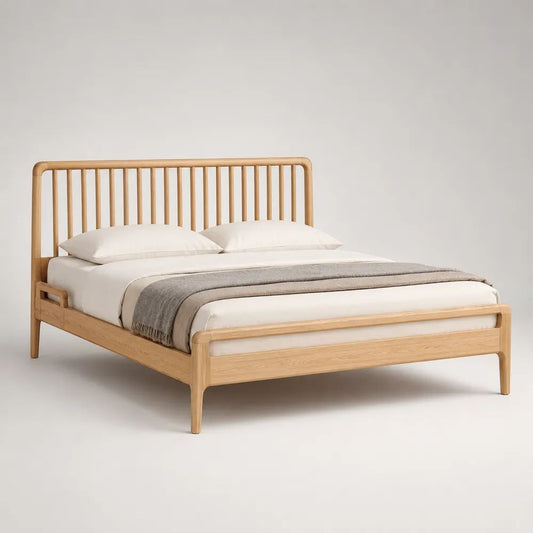 Letto matrimoniale in legno rovere naturale con testiera a listelli, per materasso 160 x 200 cm, dimensioni 170 x 215 x 110 cm