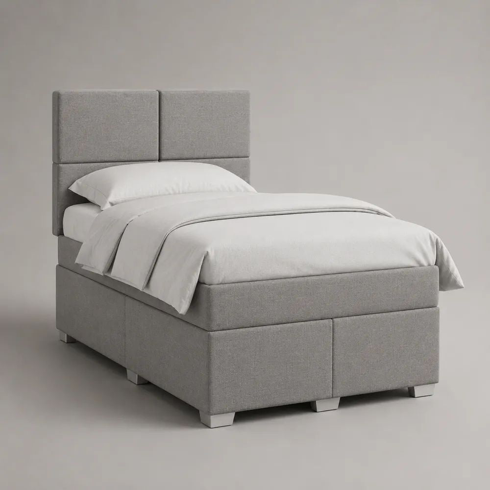 Letto singolo imbottito in tessuto grigio chiaro con testiera e rete a doghe, 100 x 215 x 125 cm, materasso 90 x 200 cm