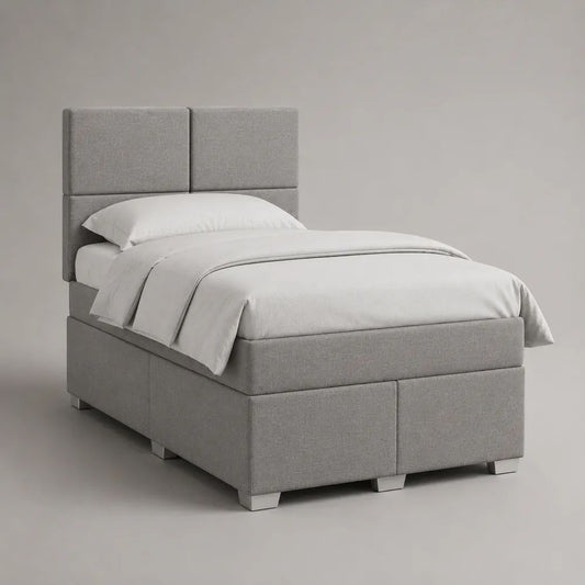 Letto singolo imbottito in tessuto grigio chiaro con testiera e rete a doghe, 100 x 215 x 125 cm, materasso 90 x 200 cm