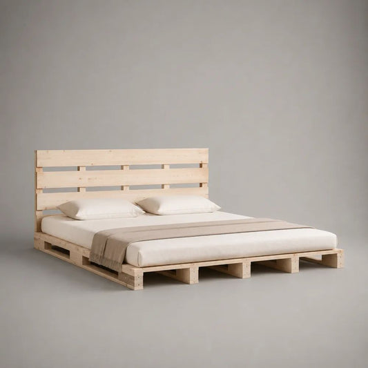 Letto matrimoniale a pedana con testiera in legno massello naturale, superficie materasso 160 x 200 cm, dimensioni 220 x 180 x 110 cm