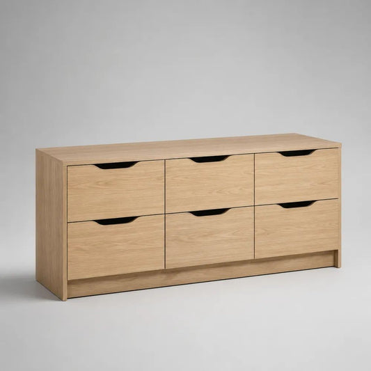 Cassettiera bassa rettangolare in legno con 6 cassetti, rovere naturale, 120 x 40 x 70 cm
