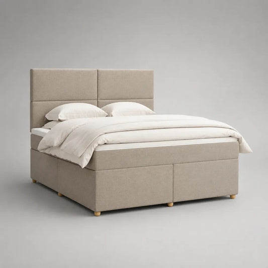 Letto continentale matrimoniale imbottito in poliestere beige con testiera, materasso e sovramaterasso, superficie di riposo 160 x 200 cm