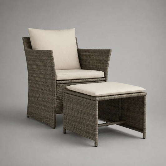 Set da giardino in rattan tortora con poltrona 69 x 72 x 91 cm, poggiapiedi 58 x 50 x 43 cm e cuscini crema