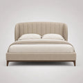 Letto matrimoniale imbottito beige 160 x 200 cm con testiera scanalata e gambe in legno, dimensioni 218 x 178 x 118 cm