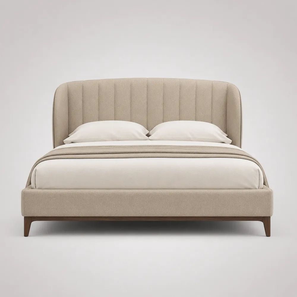 Letto matrimoniale imbottito beige 160 x 200 cm con testiera scanalata e gambe in legno, dimensioni 218 x 178 x 118 cm