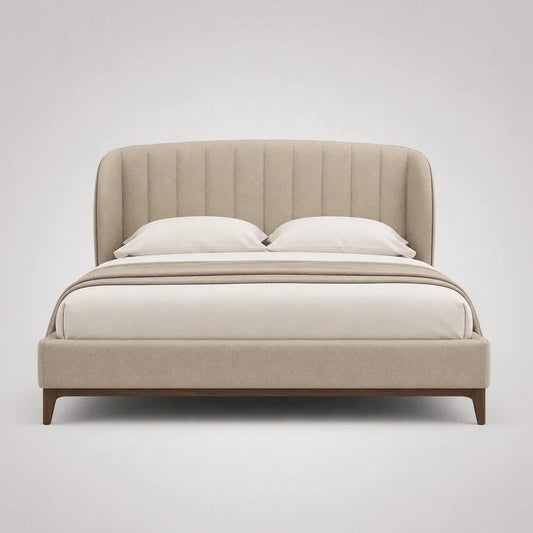 Letto matrimoniale imbottito beige 160 x 200 cm con testiera scanalata e gambe in legno, dimensioni 218 x 178 x 118 cm