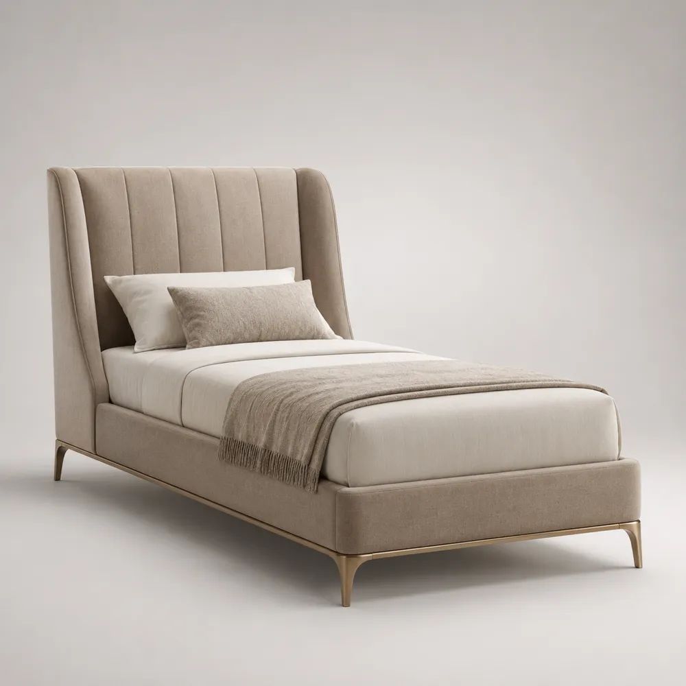 Letto una piazza e mezza 120 × 200 cm in poliestere beige con testiera imbottita e gambe in acciaio color ottone