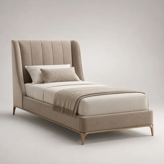 Letto una piazza e mezza 120 × 200 cm in poliestere beige con testiera imbottita e gambe in acciaio color ottone