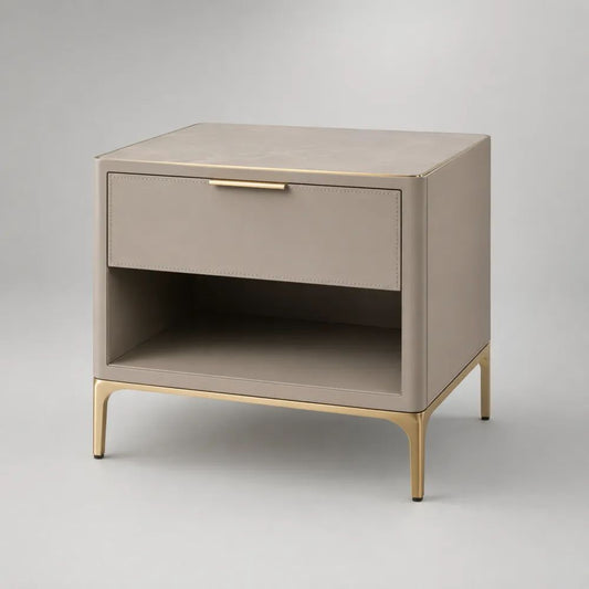 Comodino rettangolare tortora e oro con cassetto, vano aperto e gambe in acciaio, 50 x 40 x 58 cm