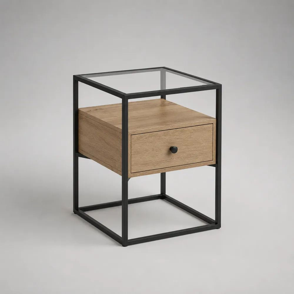 Comodino rettangolare con cassetto in MDF e acciaio, rovere naturale e nero, 40 x 35 x 55 cm