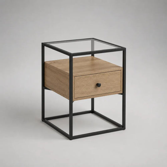 Comodino rettangolare con cassetto in MDF e acciaio, rovere naturale e nero, 40 x 35 x 55 cm