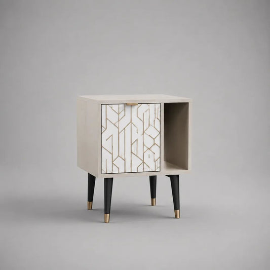 Comodino rettangolare in legno con anta decorata e vano aperto, bianco crema, nero e oro, 55 x 40 x 70 cm