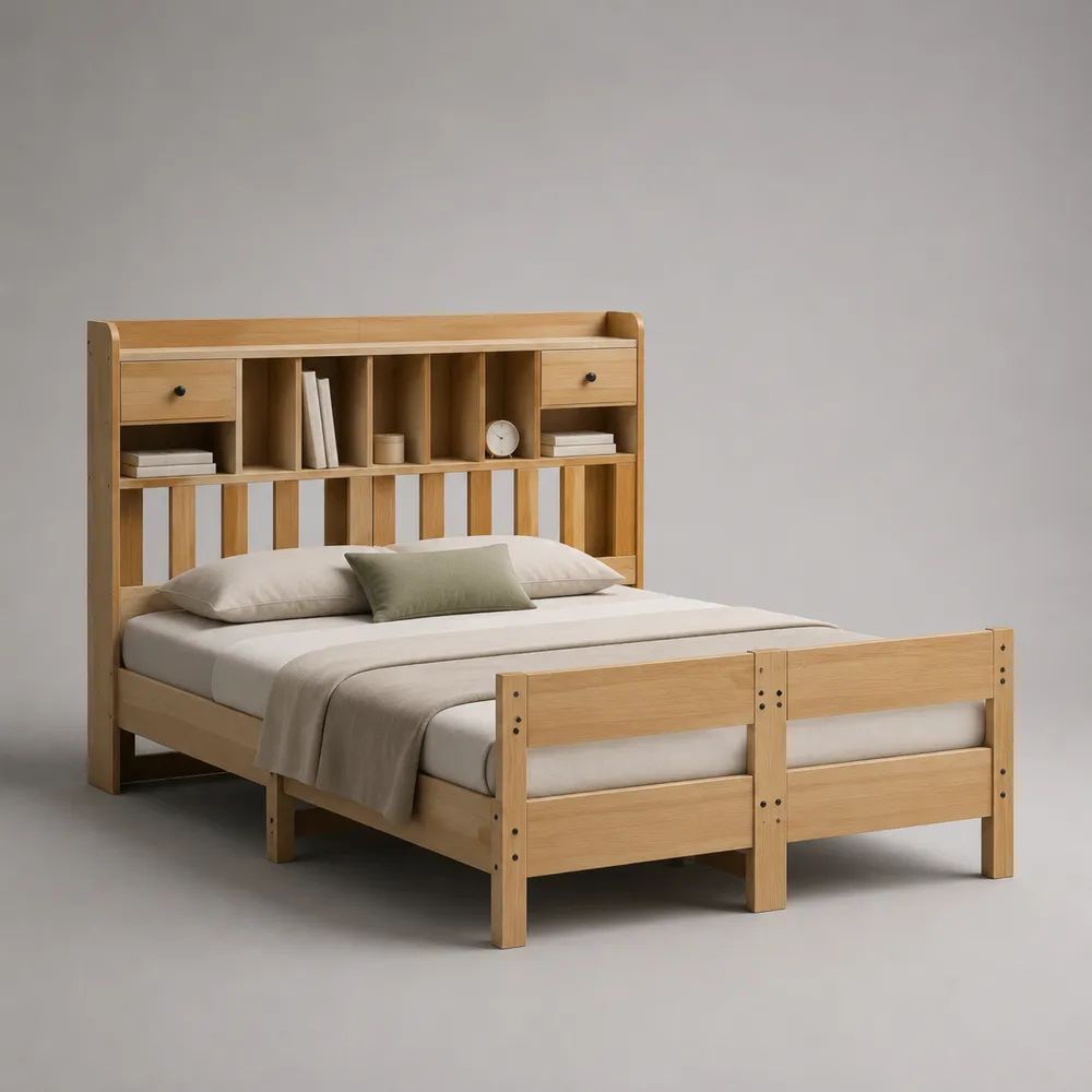 Letto matrimoniale in legno marrone chiaro con testiera libreria, 2 cassetti e rete a doghe, materasso 160 x 200 cm, dimensioni 218 x 171 x 170 cm