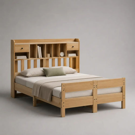 Letto matrimoniale in legno marrone chiaro con testiera libreria, 2 cassetti e rete a doghe, materasso 160 x 200 cm, dimensioni 218 x 171 x 170 cm