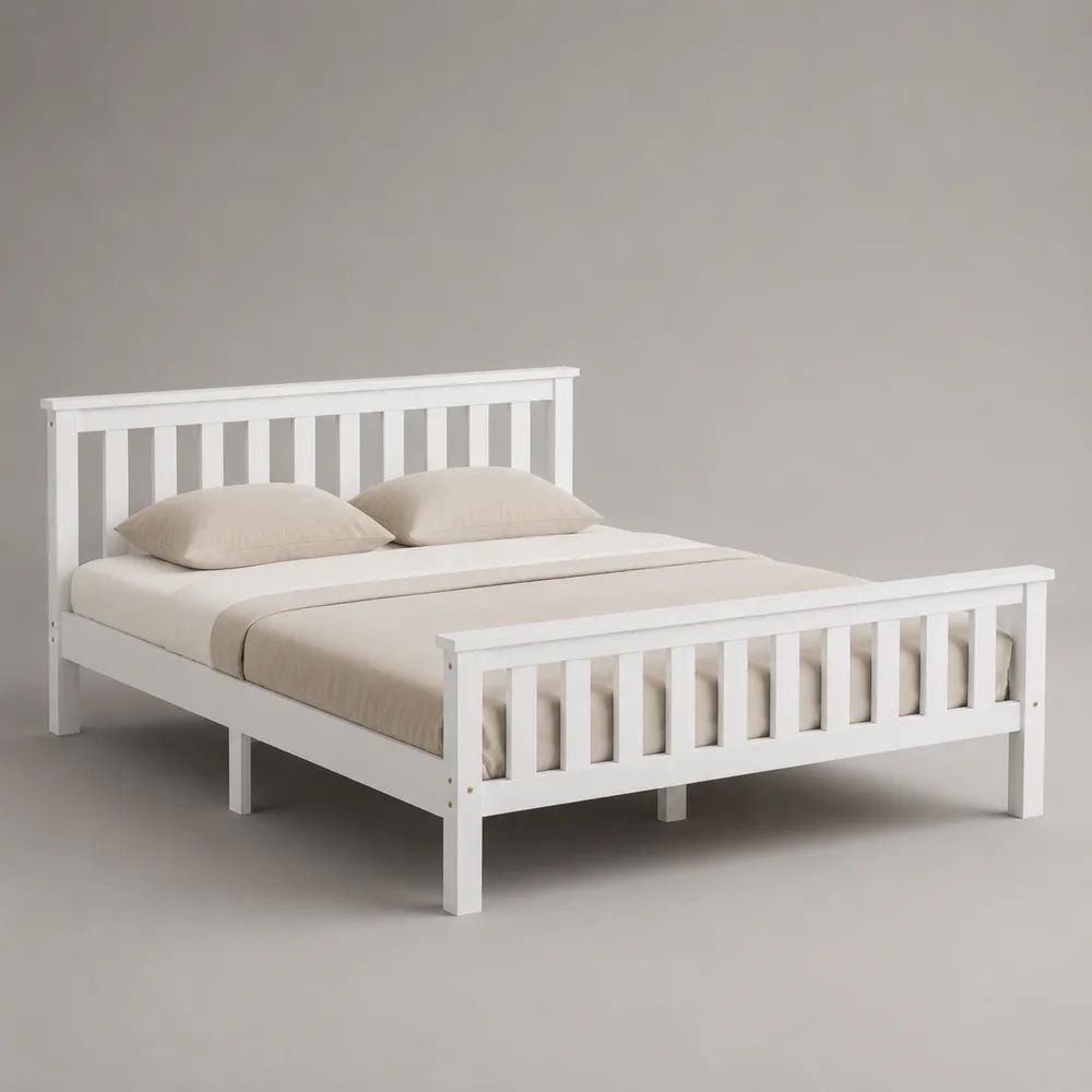Letto matrimoniale 160 x 200 cm in legno massello di pino bianco con testiera e pediera a listelli, 209 x 168 x 95 cm