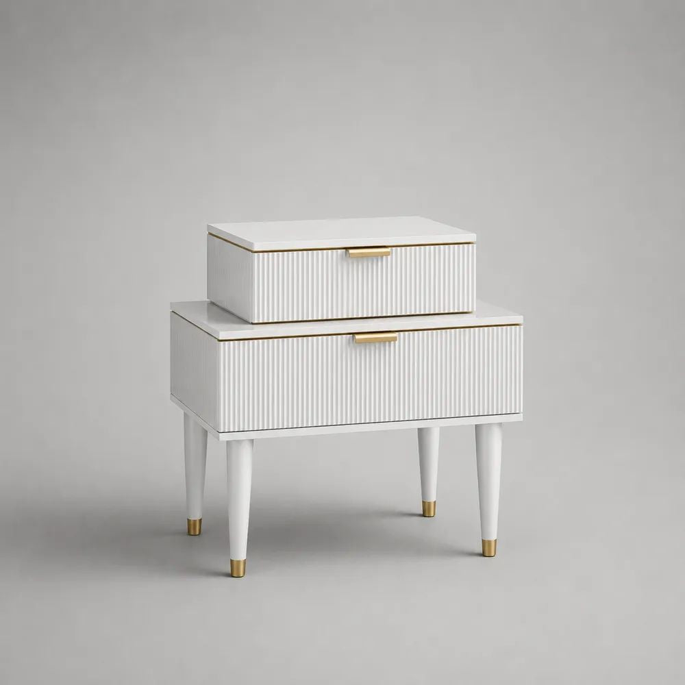 Comodino rettangolare in MDF con 2 cassetti, bianco e oro, 55 x 40 x 60 cm