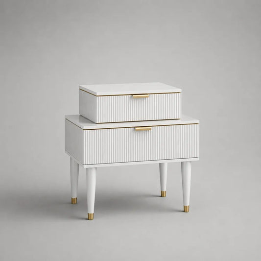 Comodino rettangolare in MDF con 2 cassetti, bianco e oro, 55 x 40 x 60 cm